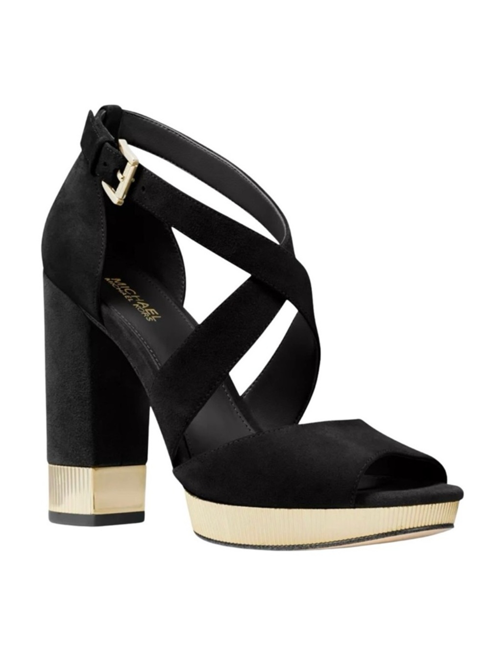 MICHAEL By Michael Kors 8 Valerie Metallic Gold & Black Suede Platform Sandals